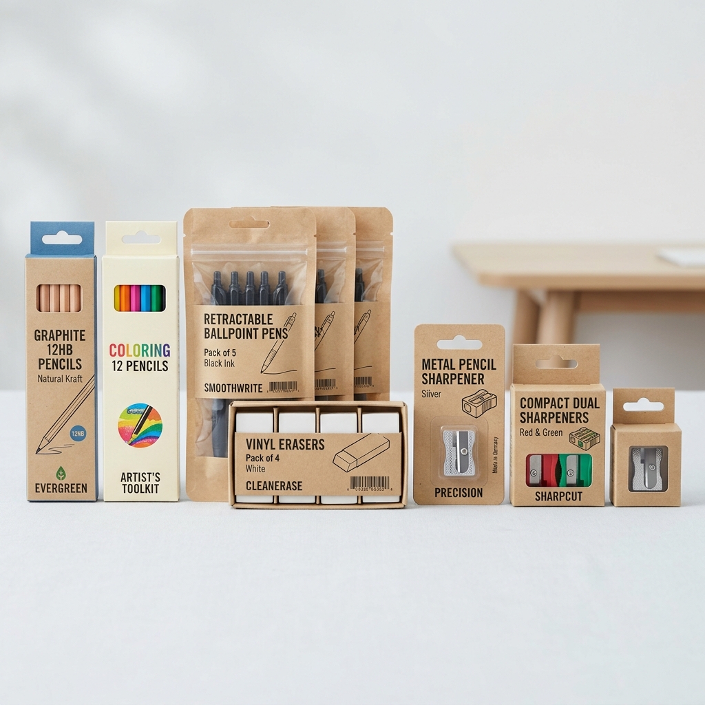 Stationery Items Pencil Pen Eraser Sharpener Packaging